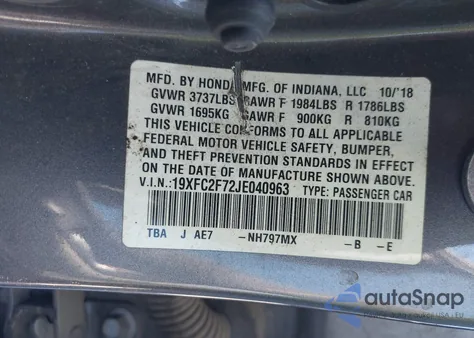 2018 Honda Civic Ex из США, поврежденный, VIN 19XFC2F72JE040963